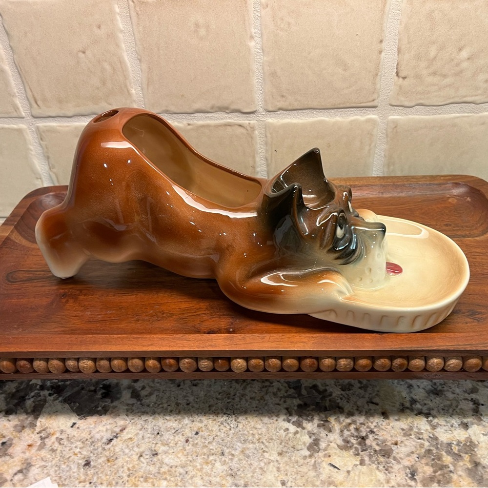 MCM ceramic dog caddy, McCoy pottery "swank" Boxer Bulldog dog valet tray